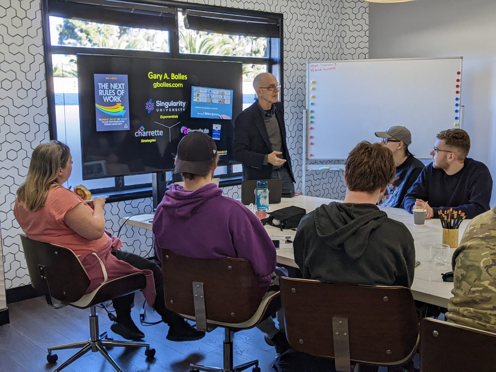 Young people attending an expert talk on the future of work during a Silicon Valley placement