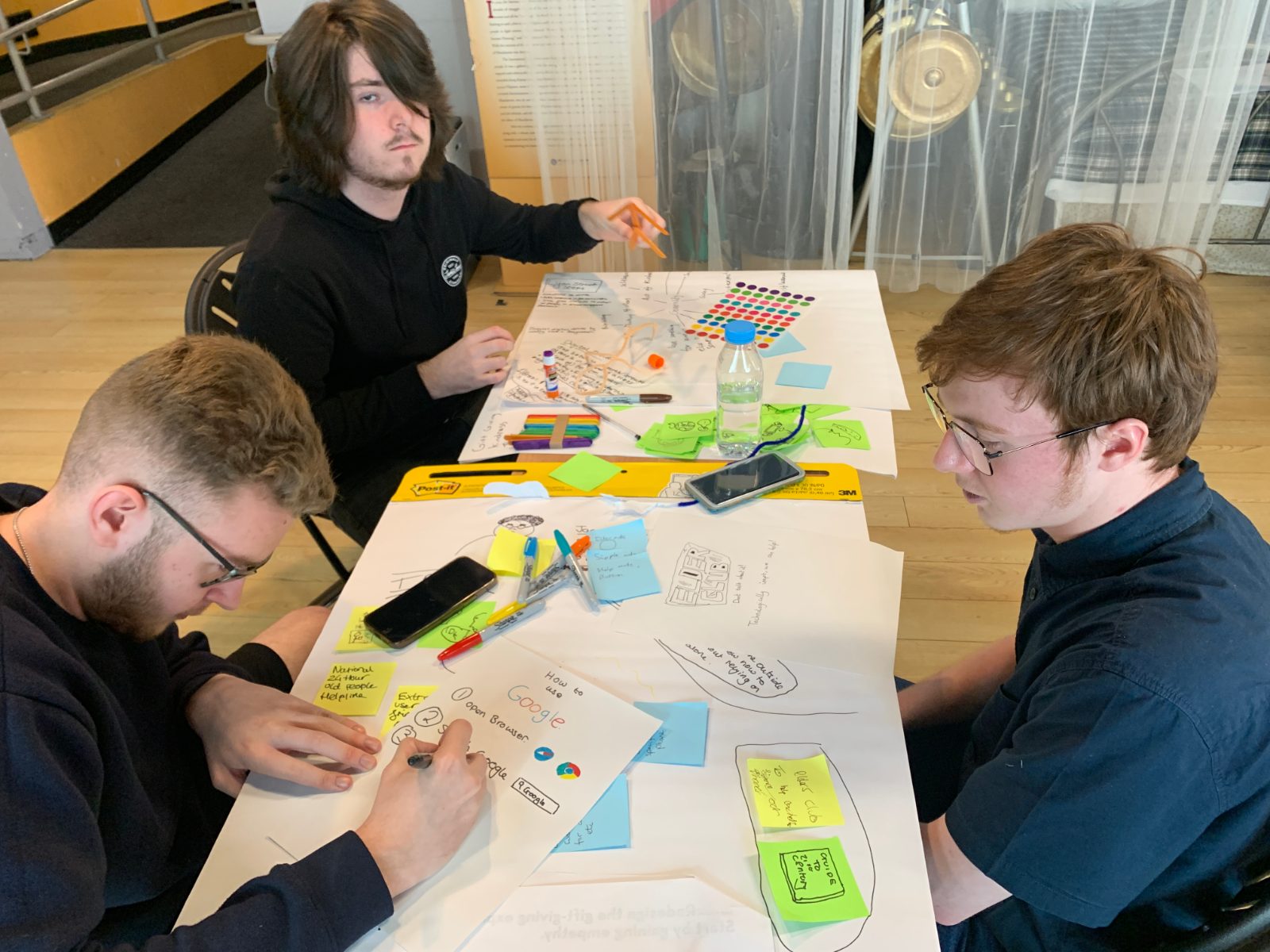 Young people collaborating on a design-thinking workshop, writing ideas on large sheets of paper and sticky notes